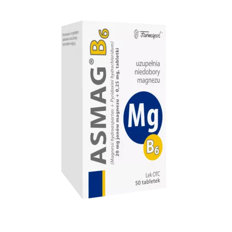 Asmag B6 tabletki 300mg+0.25mg x 50 tabletek magnez ZAKŁAD CHEMICZNO-FARMACEUTYCZNY "FARMAPOL" SP. Z O.O.