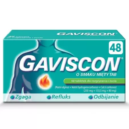 Gaviscon tabletki o smaku mięty do rozgryzania i żucia x 48 tabletek wrzody żołądka, zgaga, refluks RECKITT BENCKISER POLAND ...