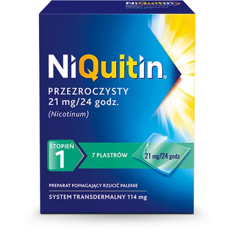 Niquitin przezroczysty, 21 mg/24 h, system transdermalny 114 mg, stopień 1, plastry, 7 szt. leki na rzucenie palenia PERRIGO ...