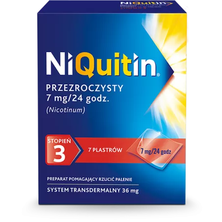 Niquitin przezroczysty, 7 mg/24 h, system transdermalny 36 mg, stopień 3, plastry, 7 szt. leki na rzucenie palenia PERRIGO PO...