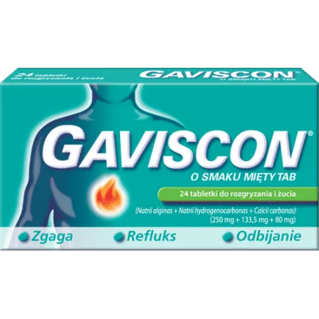 Gaviscon o smaku mięty x 24 tabletki wrzody żołądka, zgaga, refluks RECKITT BENCKISER POLAND S.A.