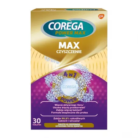 Corega Max Czyszczenie tabletki musujące x 30 tabletek kremy akcesoria do protez GLAXOSMITHKLINE CONSUMER HEALTHCARE SP. Z O.O.
