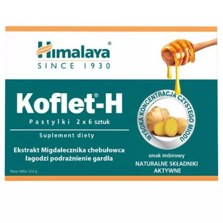 HIMALAYA Koflet-H smak imbirowy x 12 pastylek leki na ból gardła i chrypkę L'BIOTICA
