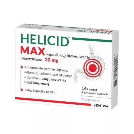 Helicid max kapsułki dojelitowe twarde 20mg x 14 kapsułek wrzody żołądka, zgaga, refluks ALVOGEN MALTA OPERATIONS