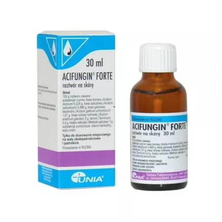 Acifungin forte roztwór na skórę x 30 ml Dla ciała ZAKŁ. FARMACEUTYCZNE "UNIA" SPÓŁDZIELNIA PRACY Acifungin forte roztwór na skórę x 30 ml Dla ciała ZAKŁ. FARMACEUTYCZNE "UNIA" SPÓŁDZIELNIA PRACY