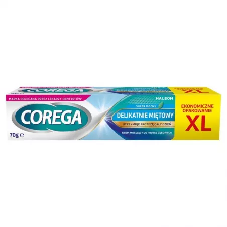 Corega super mocny krem mocujący do protez delikatnie miętowy XL 70g Higiena Haleon Poland Corega super mocny krem mocujący do protez delikatnie miętowy XL 70g Higiena Haleon Poland