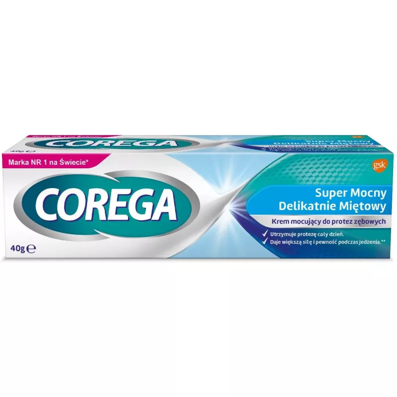 Haleon Poland Corega Super Mocny Delikatnie Miętowy Krem mocujący do protez zębowych x 40g — Inhaltsstoffe i ocena