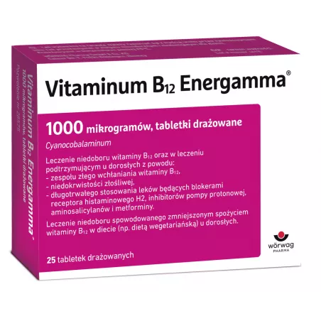 Vitaminum B12 Energamma 1000 mikrogramów x 25 tabletek drażowanych witaminy z grupy B WORWAG PHARMA GMBH & CO.KG