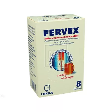 Fervex o smaku malinowym x 8 saszetek ( data ważności 31.01.2024 ) leki na gorączkę UPSA SAS