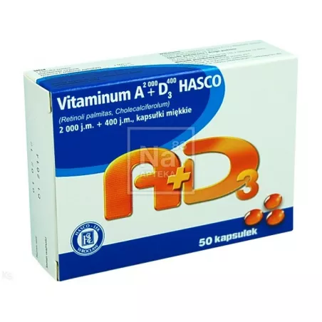 Vitaminum A+D3 Hasco 2000jm + 400jm x 50 kapsułek witamina D PRZEDSIĘBIORSTWO PRODUKCJI FARMACEUTYCZNEJ HASCO-LEK S.A.