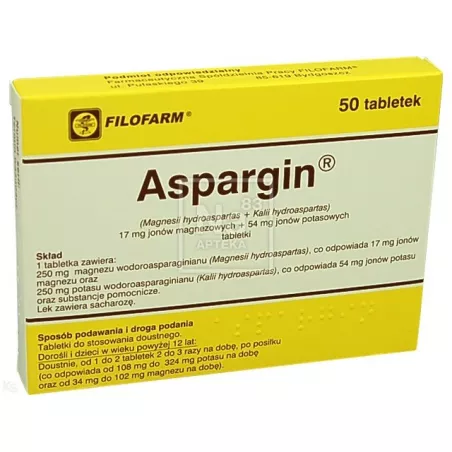 Aspargin tabletki 17mg Mg+54mg K x 50 tabletek magnez FARMACEUTYCZNA SPÓŁDZIELNIA PRACY FILOFARM