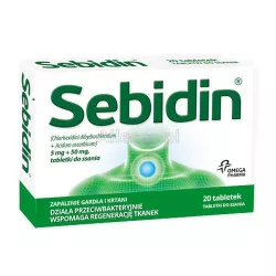 Sebidin tabletki do ssania 5mg+50mg x 20 tabletek leki na ból gardła i chrypkę OMEGA PHARMA POLAND SP Z OO