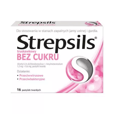 Strepsils Bez Cukru truskawkowy x 16 pastylek leki na ból gardła i chrypkę RECKITT BENCKISER POLAND S.A.
